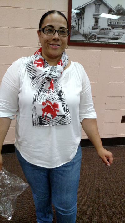 My Time Has Come Wearable Art Workshop participant models her Hand-stamped silk scarf